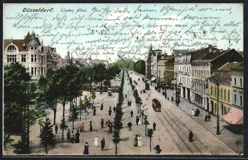 AK Düsseldorf, Linden Allee, Strassenbahn, Passanten