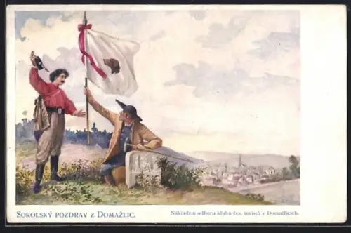 Lithographie Domazlice, Teilansicht und Turner mit Fahne, Sokol