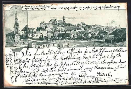 Lithographie Altkirch, Teilansicht mit Kirche, Brunnen