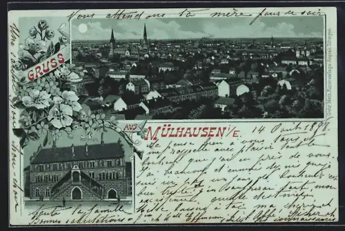 Mondschein-Lithographie Mülhausen i. E., Teilansicht, Rathaus