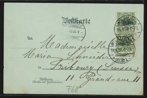 Mondschein-Lithographie Mülhausen i. E., Teilansicht, Rathaus