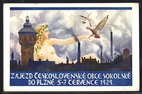 AK Ceskoslovenske Obce Sokolske do Plzne, Cervence 1929, Nackte und Falke