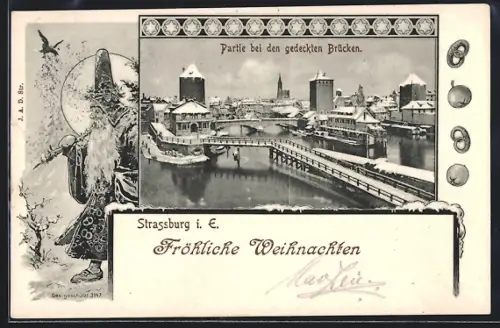 Lithographie Strassburg i. E., Gedeckte Brücken, Weihnachtsmann, Weihnachtsgruss, Passepartout