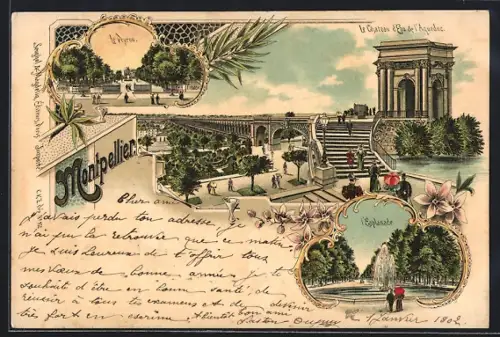 Lithographie Montpellier, L`Esplanade, Le Chateau d`Eau