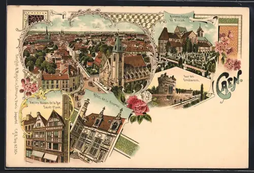 Lithographie Caen, Hôtel de la Bourse, Tour des Gendarmes, Ancienne Eglise St. Nicolas