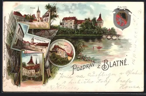 Lithographie Blatna, Námestí, Zámek, Koubkova trída, Partie z parku, Nádvori zámku