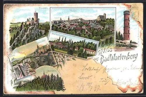 Lithographie Bad Wartenberg, Waldstein, Friedstein, Turnau Aussichtsturm Kopanina