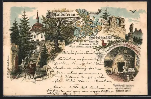 Lithographie Turnov, Waldsteina hrad byl jiz r. 1528, V kuchynce pri peci naides staré véci