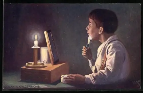 AK Grosse Erwartungen Knabe rasiert sich bei Kerzenlicht