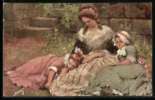 Künstler-AK Seeger: Ruhepause, Mutter macht mit ihren Töchtern Rast an einer Steinmauer