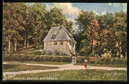 Künstler-AK Weimar, Goethes Gartenhaus und Frau