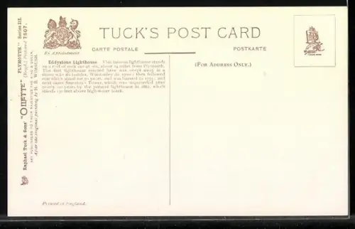 Künstler-AK Raphael Tuck & Sons Nr. 7507: Plymouth, Eddystone Lighthouse