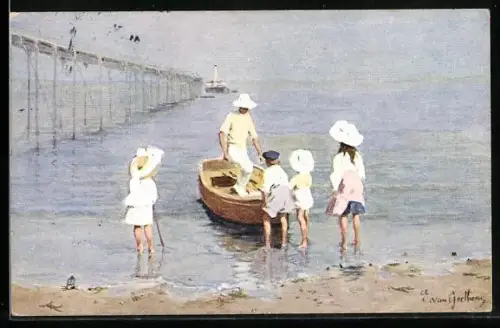 Künstler-AK Raphael Tuck & Sons Nr. 9047: Landing, Kinder mit einem Boot