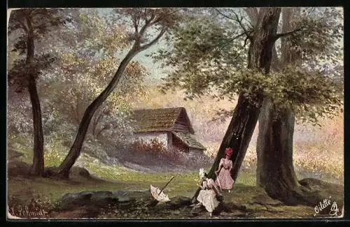 Künstler-AK Raphael Tuck & Sons Nr. 257: zwei Schwarzwälderinnen in Kleidern, Schirm