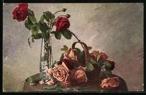 Künstler-AK Wohlgemuth & Lissner, Primus-Postkarte No. 379: Rosen in Vasen