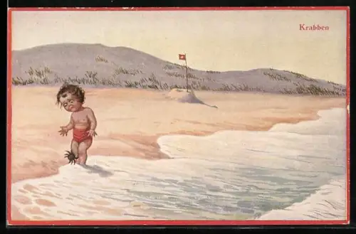 Künstler-AK H. S. B.: Krabbe zwickt Kind ins Beinchen