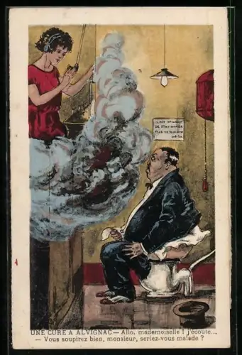 Künstler-AK Alvignac, Fräulein telefoniert mit Mann auf dem Klo, Toilettenhumor