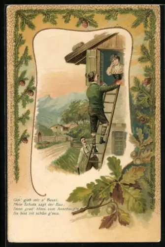 Präge-AK Mann auf Leiter bei Frau am Fenster, Erotik