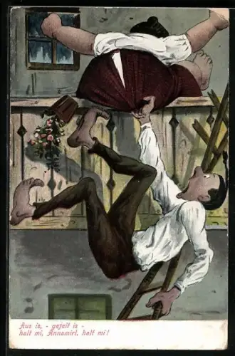 AK Mann auf Leiter hält sich beim Sturz an Frau fest, Erotik