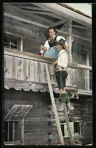 AK Mann auf Leiter bei Frau am Fenster, Erotik