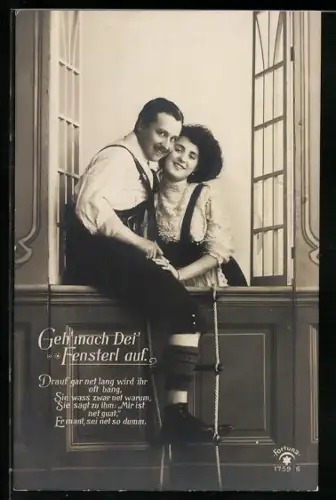 AK Mann auf Leiter bei Frau am Fenster, Erotik