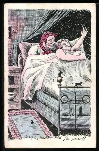 AK Paar im Bett mit Mäusen, Erotik