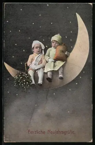 AK Zwei Kinder mit Geldsack auf dem Mond, Neujahrsgruss