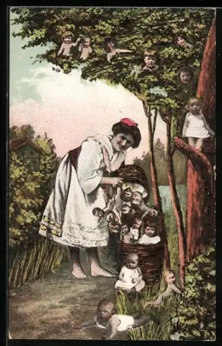 AK Frau mit kleinen Kindern im Korb am Baum