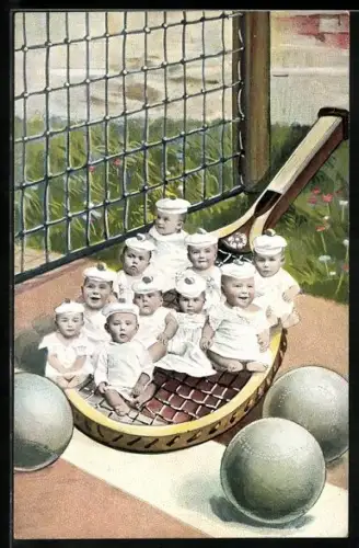 AK Säuglinge auf Tennisschläger, Montage