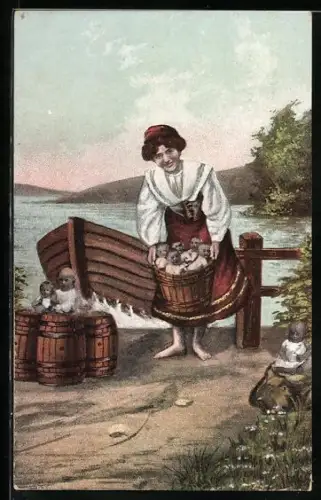 AK Frau mit kleinen Kindern im Korb