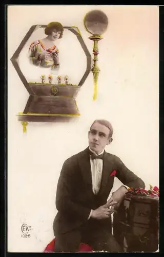 AK Eleganter Herr denkt an junge Frau