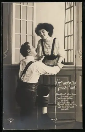 AK Mann auf Leiter bei Frau am Fenster, Erotik