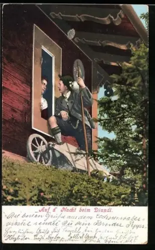 AK Auf d` Nacht beim Diandl, Mann beim Fensterln, Erotik