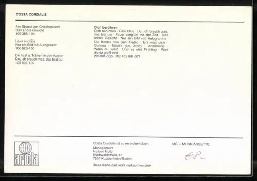 AK Musiker Costa Cordalis am Strand mit Mandoline, Autograph