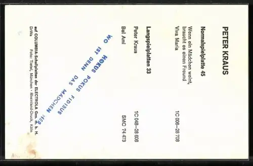 AK Musiker Peter Kraus mit nachdenklichem Seitenblick, Autograph