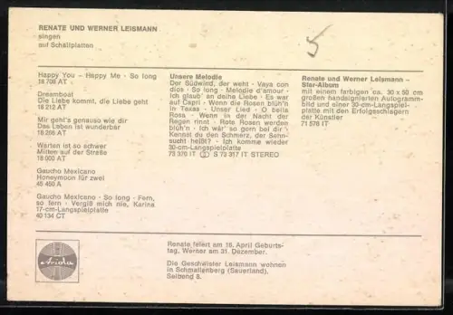 AK Musiker-Duo Renate und Werner Leismann im Portrait, Autograph