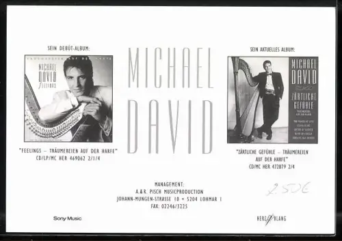 AK Musiker Michael David an einer Harfe, Autograph