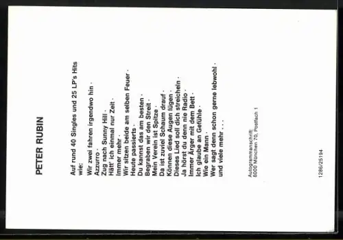 AK Musiker Peter Rubin mit Gitarre, Autograph
