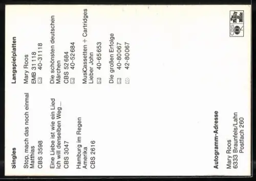 AK Musikerin Mary Roos blickt über ihre Schulter, Autograph