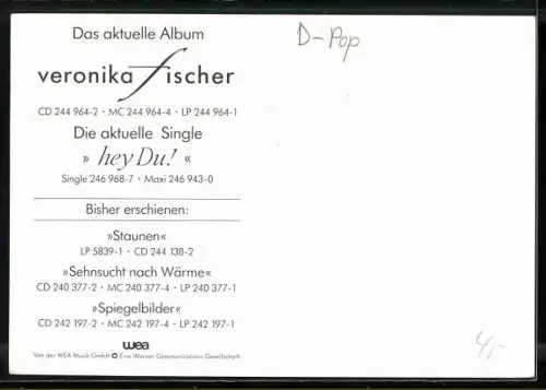 AK Musikerin Veronika Fischer im Portrait, Autograph
