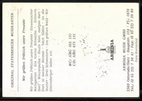 AK Musikergruppe Statenberger Musikanten mit Instrumenten im Portrait, Autographen