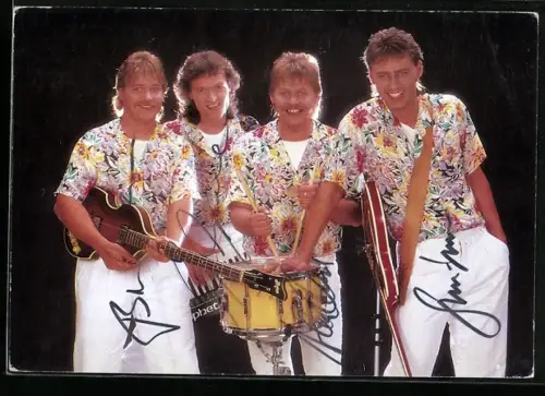 AK Musiker-Gruppe Die Strandjungs mit Instrumenten, Autographen
