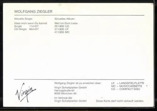 AK Wolfgang Ziegler, Portrait des Sängers, Autograph