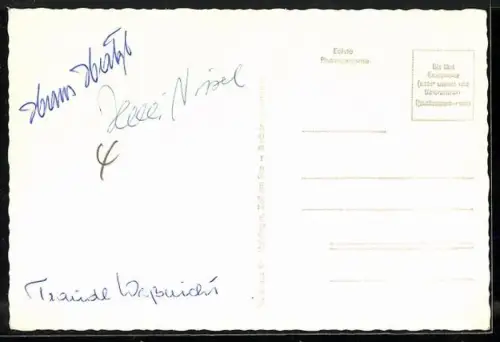 AK Musikergruppe Innspatzen mit Instrumenten im Portrait, Autographen rückseitig