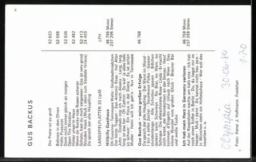 AK Musiker Gus Backus mit Schäferhund, Autograph