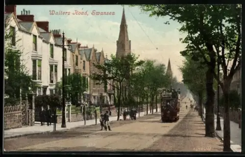 AK Swansea, Walters Road, Strassenbahn
