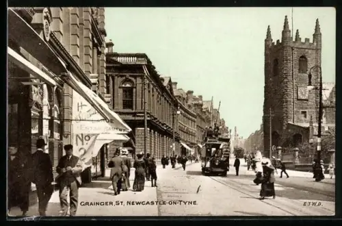 AK Newcastle-on-Tyne, Grainger Street & Strassenbahn