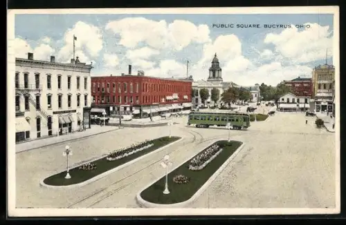AK Bucyrus, OH, Public Square, Strassenbahn