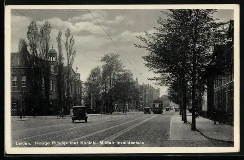 AK Leiden, Hooge Rijndijk met Koninkl. Militair Invalidenhuis, Strassenbahn