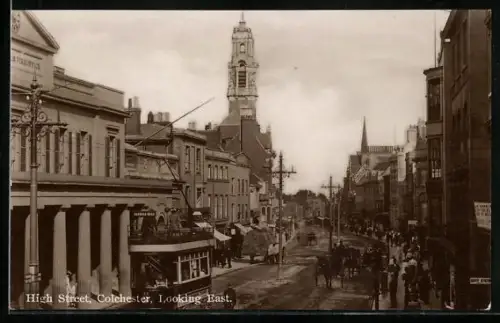 AK Colchester, High Street Looking East, Strassenbahn